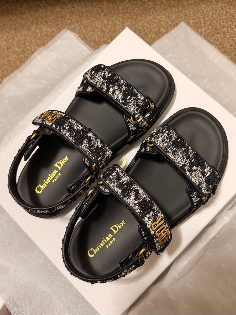 Dior Kids Black and White Jacquard Logo Strap Sandals